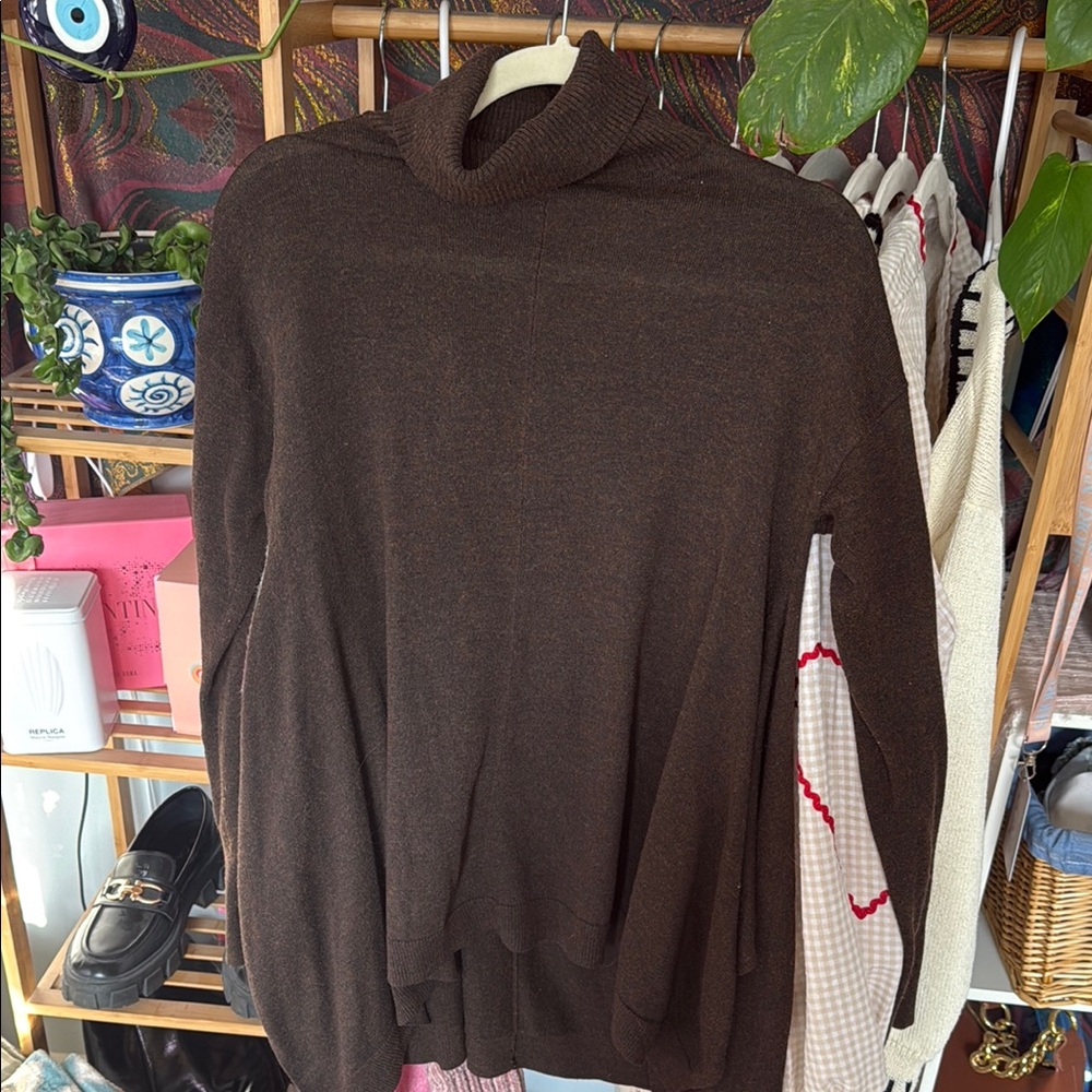 Brown Cowl Neck Pullover Sweater with Long Sleeves